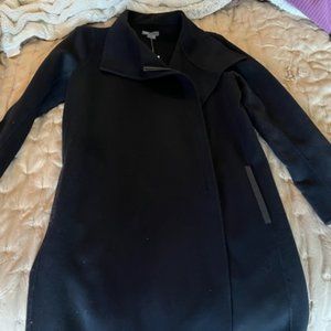 Vince knee length blk wool coat, asymmetrical zip, leather elbow patch, womens L